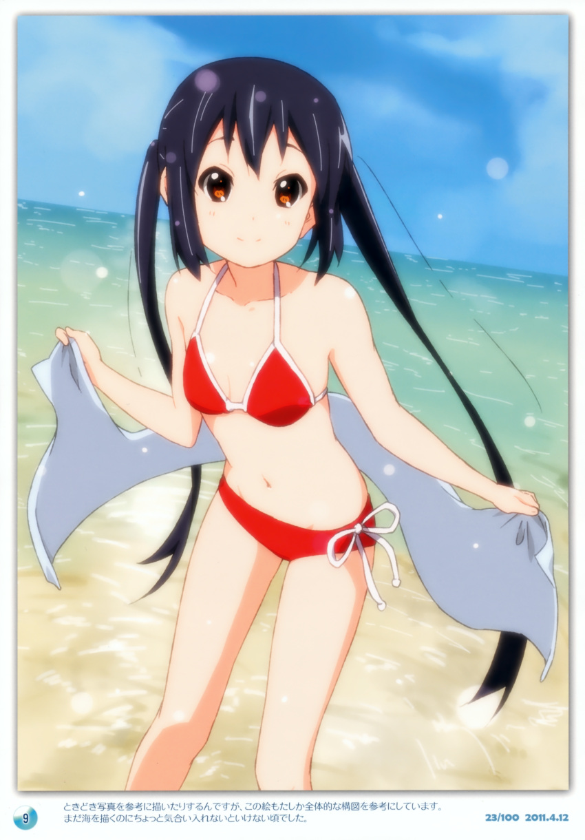 1girl 2011 absurdres beach bikini black_hair blush brown_eyes dated errant highres k-on! long_hair looking_at_viewer nakano_azusa navel polka_dot polka_dot_bikini polka_dot_swimsuit smile solo swimsuit twintails water