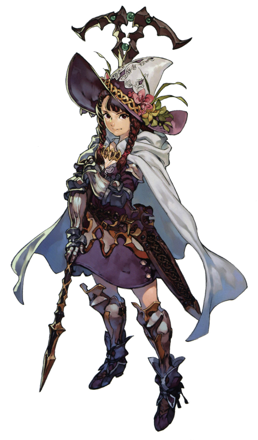 1girl absurdres armor armored_boots armored_dress boots brown_eyes brown_hair cape flower hair_flower hair_ornament hat highres sheath sheathed skirt staff white_background wizard_hat yoshinari_you