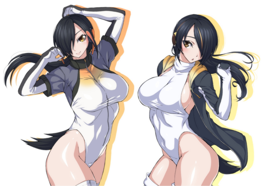2girls :o arms_up bird_tail black_hair black_jacket breasts brown_eyes closed_mouth collarbone contrapposto covered_navel cowboy_shot drawstring emperor_penguin_(kemono_friends) groin hair_over_one_eye head_tilt headphones highres jacket kemono_friends king_penguin_(kemono_friends) large_breasts leotard lips long_hair looking_at_viewer low_ponytail multicolored_hair multiple_girls open_clothes open_jacket open_mouth orange_hair ozaneko pink_lips redhead shiny shiny_skin short_sleeves side_ponytail simple_background smile standing streaked_hair thigh-highs thighs tsurime turtleneck white_background white_legwear white_leotard zipper