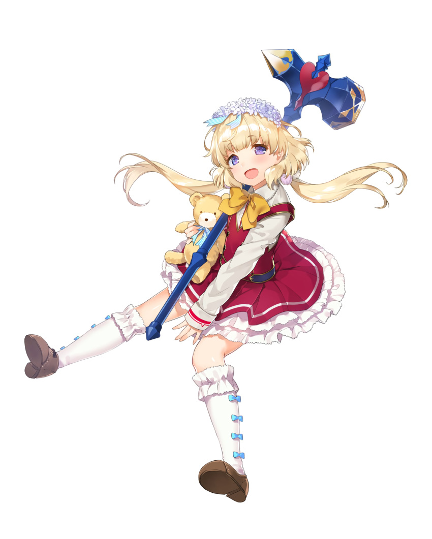 1girl blonde_hair bow_legwear dress floating_hair flower full_body hair_flower hair_ornament highres holding holding_hammer holding_stuffed_animal holding_weapon kneehighs long_hair long_sleeves looking_at_viewer official_art omega_labyrinth omega_labyrinth_z open_mouth simple_background solo stuffed_animal stuffed_toy teddy_bear tousaki_umiko twintails urara_rurikawa violet_eyes weapon white_background white_legwear