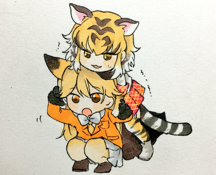 2girls :3 :o animal_ears animal_print ankle_boots black_gloves blazer blonde_hair blush boots bow bowtie breast_pocket brown_eyes brown_footwear chibi commentary_request extra_ears eyebrows_visible_through_hair ezo_red_fox_(kemono_friends) fox_ears fox_tail full_body fur-trimmed_sleeves fur_trim gloves gradient_legwear grey_background grey_boots hair_between_eyes hand_on_another's_arm hand_on_another's_shoulder highres holding_another's_arm horizontal_stripes jacket jitome kemono_friends light_brown_hair long_hair long_sleeves looking_at_viewer motion_lines multicolored multicolored_eyes multicolored_hair multiple_girls no_nose open_mouth orange_eyes orange_jacket orange_legwear pantyhose plaid plaid_skirt pleated_skirt pocket red_skirt shirokuma_(reirako-reirako) shirt short_sleeves skirt sleeve_cuffs squatting standing streaked_hair striped striped_legwear striped_tail sweat tail tiger_(kemono_friends) tiger_ears tiger_print tiger_tail traditional_media trembling tsurime white_bow white_bowtie white_hair white_shirt white_skirt yellow_legwear