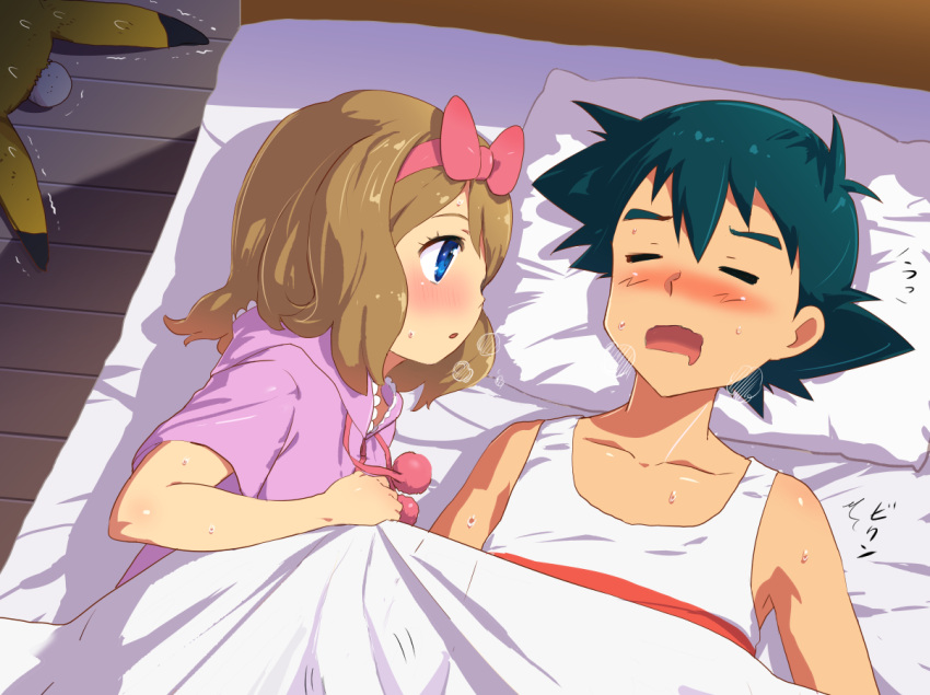 1boy 1girl bed black_hair blanket blue_eyes blush bow breath brown_hair closed_eyes collarbone commentary hair_bow head_bump looking_at_another lying mushi_gyouza on_back on_bed on_side open_mouth pikachu pillow pokemon pokemon_(anime) pokemon_(creature) pokemon_xy_(anime) revision satoshi_(pokemon) serena_(pokemon) short_hair sleeping snoring under_covers