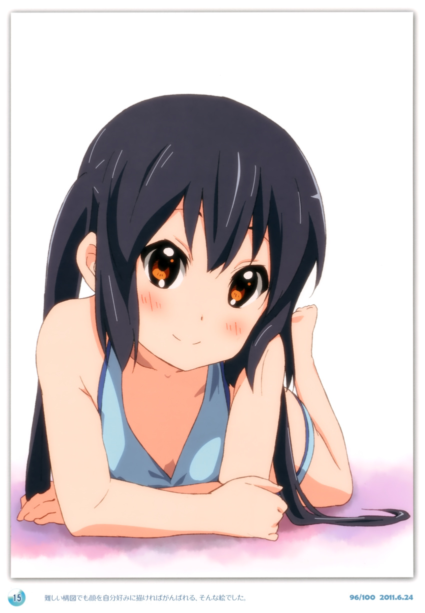 1girl 2011 absurdres bikini black_hair blush brown_eyes dated errant highres k-on! light_smile long_hair looking_at_viewer lying nakano_azusa on_stomach sidelocks simple_background smile solo swimsuit twintails