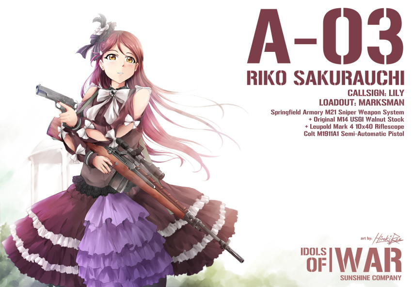 1girl dress gun hair_ornament handgun highres hiroki_ree long_hair love_live! love_live!_sunshine!! redhead rifle sakurauchi_riko weapon yellow_eyes