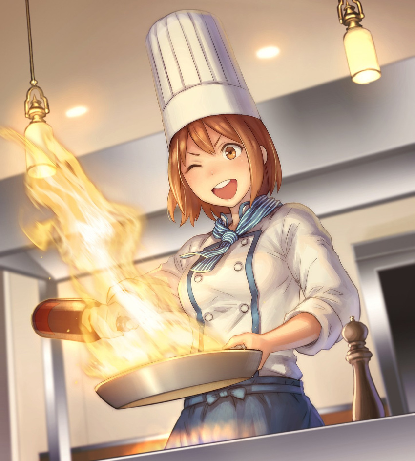 1girl :d anbe_yoshirou blue_neckerchief blue_skirt bottle brown_eyes brown_hair buttons chef_hat chef_uniform cooking fire from_below frying_pan hat highres holding holding_bottle indoors kitchen light long_sleeves neckerchief one_eye_closed open_mouth pepper_shaker pouring shirt short_hair skirt smile solo stove striped_neckerchief white_shirt