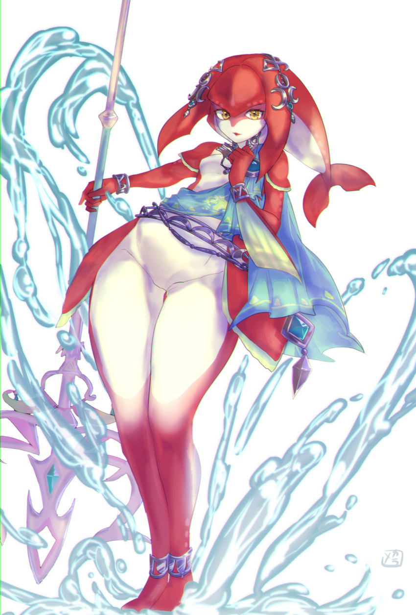 1girl breasts feet fins fish_girl full_body gem hair_ornament highres jewelry legs lipstick looking_at_viewer makeup mipha multicolored multicolored_skin polearm red_lips simple_background solo spear standing the_legend_of_zelda the_legend_of_zelda:_breath_of_the_wild water weapon white_background yellow_eyes zora
