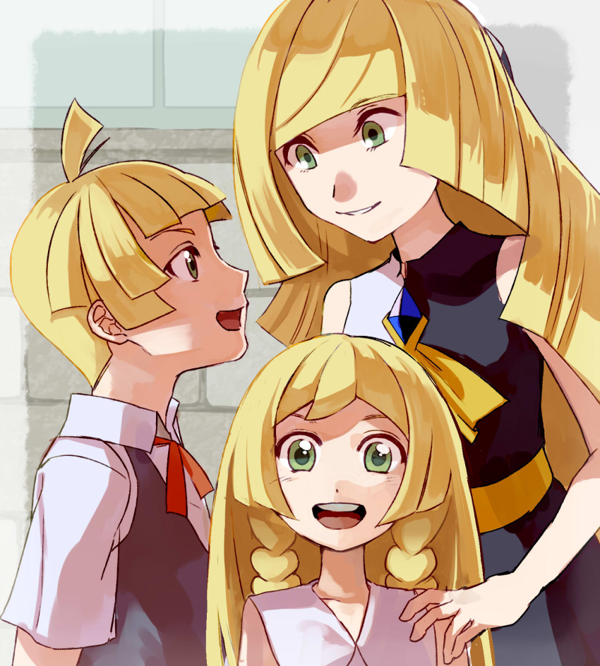 1boy 2girls blonde_hair blush braid dress family gem gladio_(pokemon) green_eyes hands_on_another's_shoulders highres lillie_(pokemon) long_hair looking_at_another looking_at_viewer lusamine_(pokemon) mother_and_daughter mother_and_son multiple_girls pokemon pokemon_(anime) pokemon_sm_(anime) smile twin_braids upper_body younger yu_(mekeneko1998)