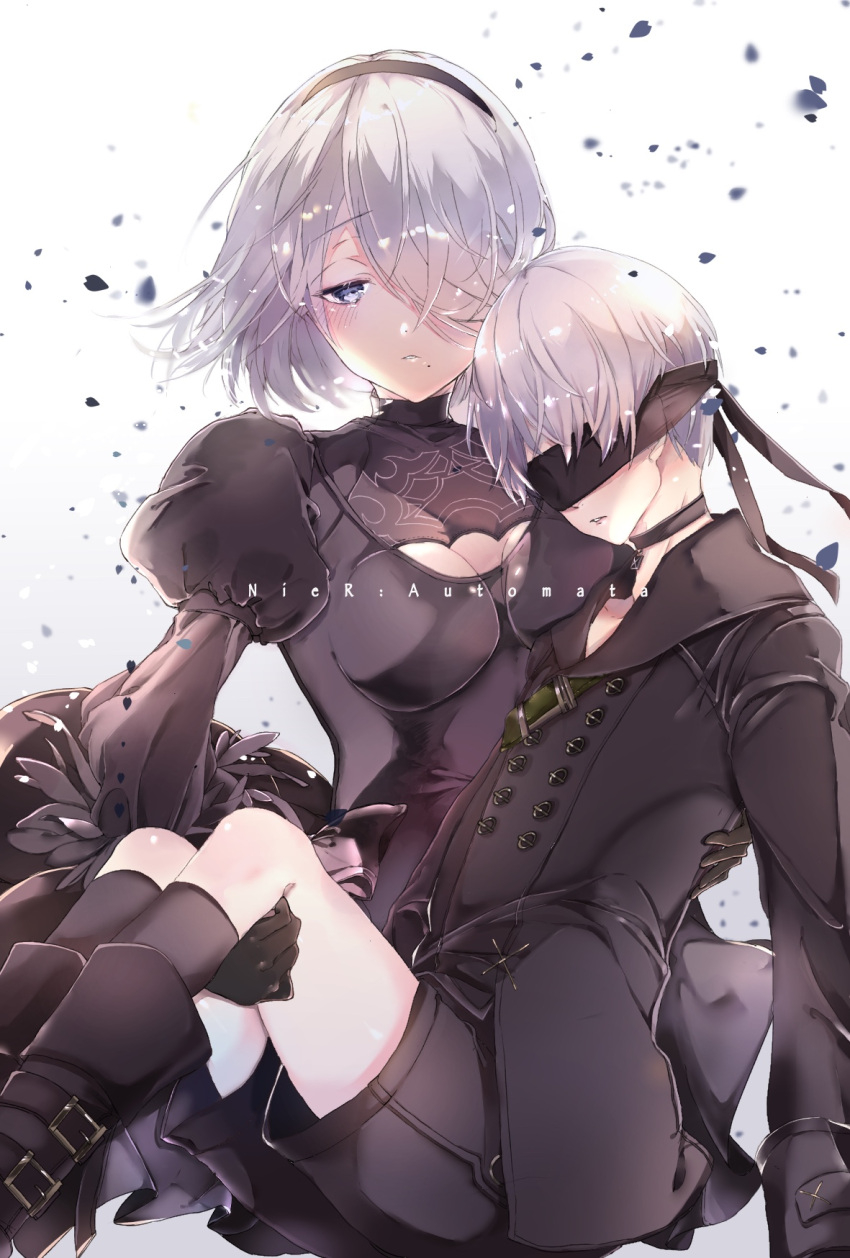 1boy 1girl black_clothes blindfold blue_eyes blush boots breasts buttons carrying choker cleavage copyright_name dress eyelashes full_body hair_over_one_eye hetero highres juliet_sleeves kneehighs long_sleeves mole mole_under_mouth nier_(series) nier_automata pale_skin petals princess_carry puffy_sleeves short_hair simple_background tears text white_hair yorha_no._2_type_b yorha_no._9_type_s