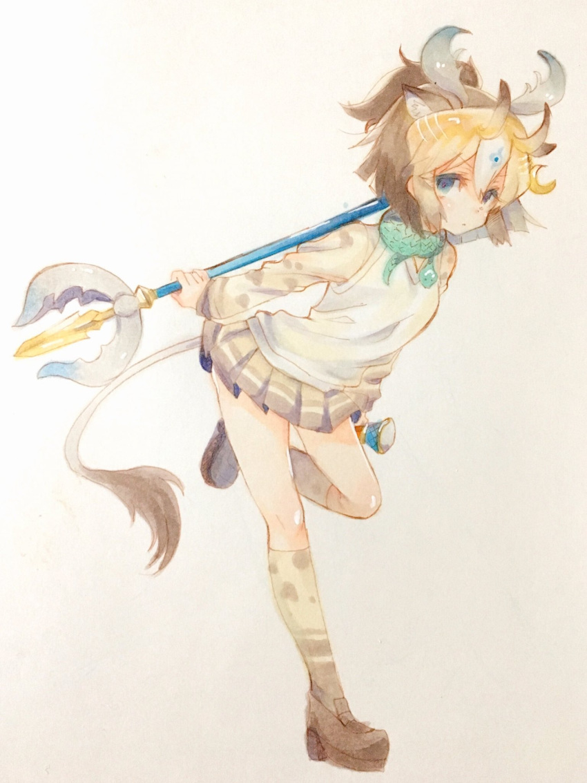 &gt;:&lt; 1girl :&lt; animal_ears antlers arms_at_sides beige_background beige_vest blonde_hair blue_eyes blue_hair brown_footwear brown_hair brown_legwear brown_shoes closed_mouth extra_ears eyebrows_visible_through_hair eyelashes full_body hair_between_eyes high_ponytail highres holding holding_weapon kemono_friends kneehighs leg_lift light_brown_hair loafers long_sleeves looking_at_viewer multicolored multicolored_clothes multicolored_hair multicolored_legwear platform_footwear pleated_skirt ponytail raymie0124 scarf shirt shoes short_hair short_ponytail sivatherium_(kemono_friends) skirt snake socks solo standing standing_on_one_leg tail tareme traditional_media two-tone_legwear vest weapon white_hair yellow_legwear
