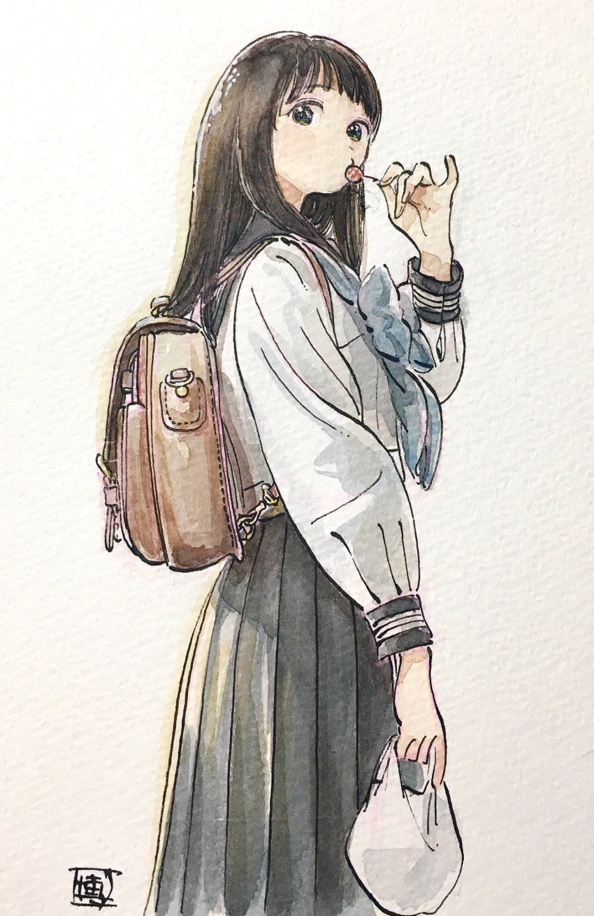 1girl backpack bag candy food from_side hand_up highres hiro_(dismaless) lollipop long_hair looking_to_the_side muted_color nib_pen_(medium) original pinky_out plastic_bag school_uniform serafuku signature sketch skirt solo texture traditional_media watercolor_(medium)