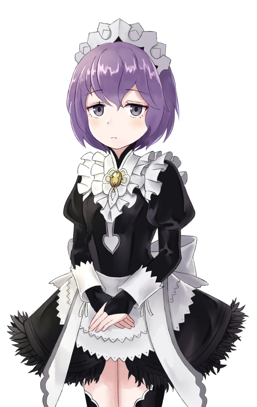 1girl bernadetta_von_varley closed_mouth fire_emblem fire_emblem:_three_houses fire_emblem_fates gem grey_eyes highres juliet_sleeves kaerukeroro1 long_sleeves maid maid_headdress puffy_sleeves purple_hair short_hair simple_background solo white_background