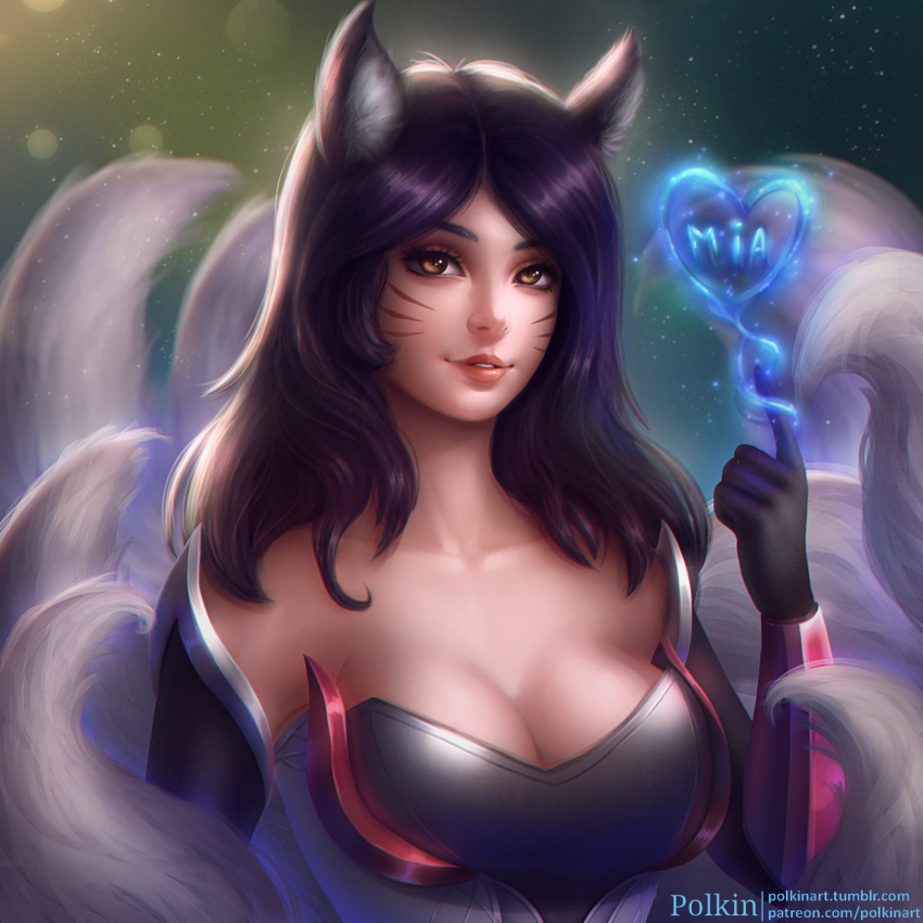 1girl ahri animal_ears bare_shoulders black_hair breasts cleavage detached_sleeves facial_mark fox_ears fox_tail heart highres korean_clothes large_breasts league_of_legends lips long_hair multiple_tails polkin slit_pupils solo tail whisker_markings yellow_eyes
