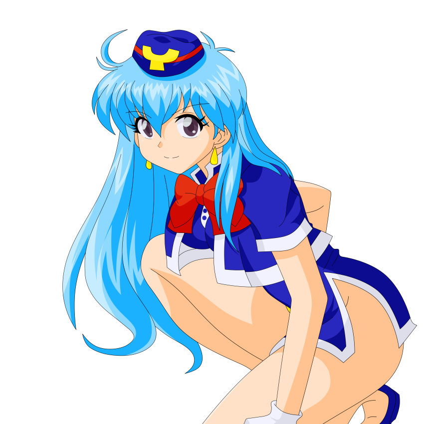 1girl aqua_hair gloves highres legs long_hair miniskirt photoshop skirt solo stewardess tenjouin_katsura thighs vector_trace violet_eyes yat_anshin_uchuu_ryokou