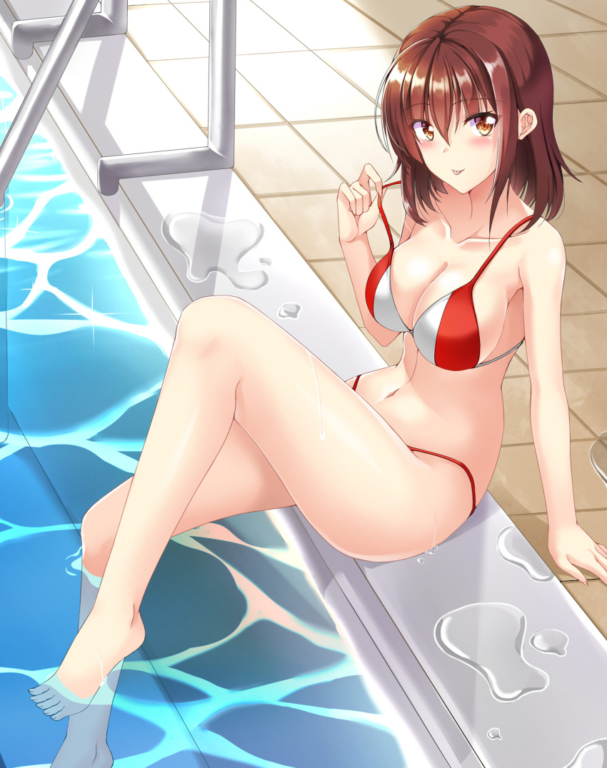 1girl :p benchen06 bikini blush breasts brown_eyes brown_hair cleavage highres looking_at_viewer medium_breasts navel original poolside sitting smile solo strap_pull swimsuit tagme tongue tongue_out