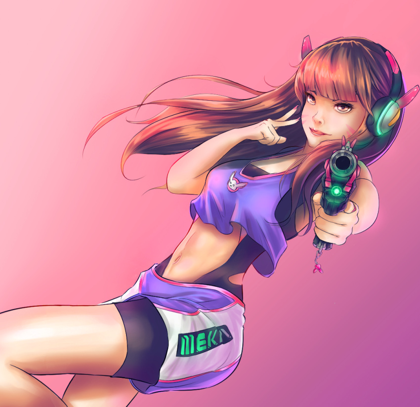 1girl acronym adapted_costume aiming_at_viewer alternate_costume animal_print bangs bodysuit breasts brown_eyes brown_hair bunny_print charm_(object) clothes_writing cowboy_shot crop_top d.va_(overwatch) facepaint facial_mark fingernails gradient gradient_background gun gym_shorts handgun headphones holding holding_gun holding_weapon itsjustsoup lips long_fingernails long_hair looking_at_viewer midriff nail_polish navel nose overwatch pink_background pink_lips pink_nails pistol sharp_fingernails shirt shorts sleeveless sleeveless_shirt small_breasts smile solo swept_bangs trigger_discipline v weapon whisker_markings