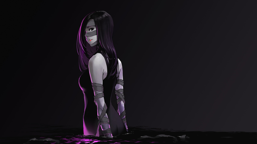 1girl absurdres bandage bandaged_arms bandages_on_face black black_background black_eyes black_hair bodysuit character_request copyright_request hair_over_one_eye highres in_water lighting lips long_hair poaro simple_background sleeveless solo