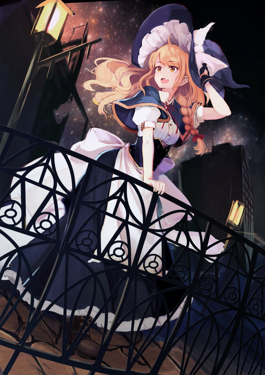 1girl apron black_skirt blonde_hair boots bow braid brown_boots capelet corset cross-laced_footwear full_body hair_bow hat hat_bow highres homo_1121 kirisame_marisa lace-up_boots lamppost long_hair looking_afar night night_sky open_mouth outdoors puffy_short_sleeves puffy_sleeves short_sleeves side_braid skirt sky solo standing star_(sky) starry_sky touhou white_bow witch_hat yellow_eyes