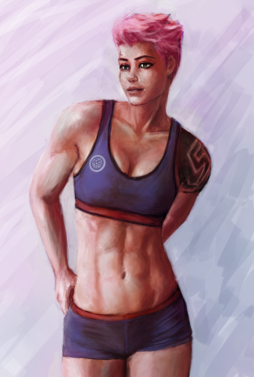 1girl abs absurdres bike_shorts breasts casual cowboy_shot facing_viewer green_eyes hellishburn highres light_smile lips looking_away medium_breasts muscle muscular_female navel nose overwatch parted_lips pink_hair realistic scar short_hair solo sports_bra tattoo toned zarya_(overwatch)
