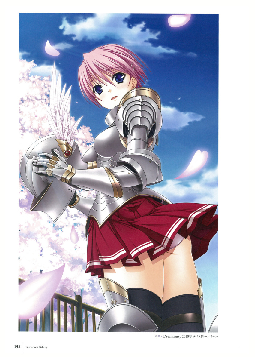 1girl armor armored_boots bangs black_legwear blue_eyes blue_sky boots cherry_blossoms eyebrows_visible_through_hair feet_out_of_frame female gauntlets hair_ornament hairclip headwear_removed helmet helmet_removed highres holding holding_helmet kisaki_mio komori_kei looking_at_viewer miniskirt official_art open_mouth outdoors panties parted_lips petals pink_hair pleated_skirt red_skirt scan short_hair skirt sky solo thigh-highs underwear walkure_romanze