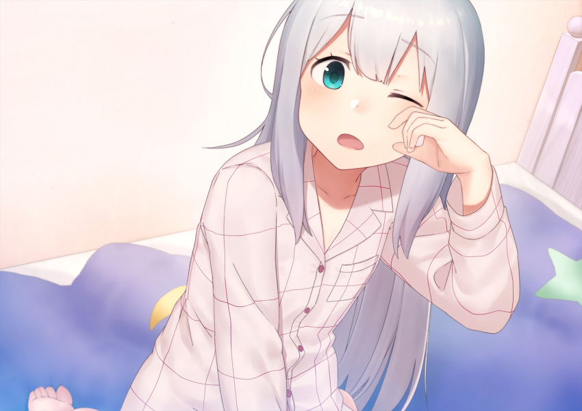 1girl bangs bed blue_eyes blush collarbone dacchi eromanga_sensei eyebrows_visible_through_hair grey_hair highres indoors izumi_sagiri long_hair long_sleeves looking_at_viewer on_bed one_eye_closed open_mouth pajamas plaid plaid_shirt rubbing_eyes shirt sitting solo tareme yawning