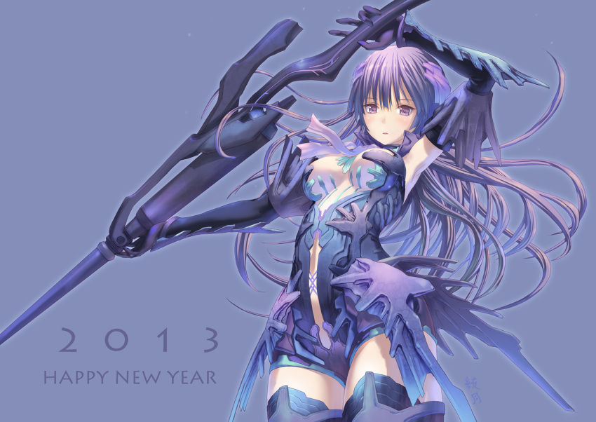 1girl 2013 arm_up armpits artist_name bare_shoulders black_gloves black_legwear blue_background breasts center_opening elbow_gloves gloves happy_new_year headpiece long_hair medium_breasts new_year original parted_lips purple_hair signature simple_background solo thigh-highs tougetsu_gou violet_eyes weapon