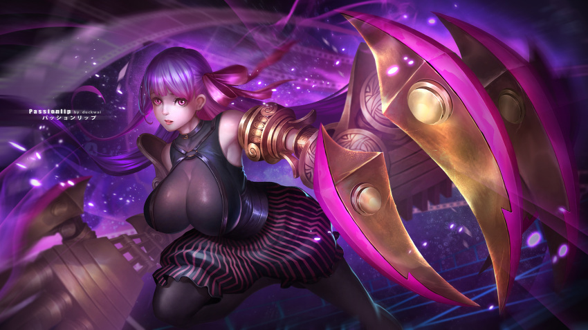 1girl bare_shoulders black_legwear blush breasts claws cleavage darkduck fate/extra fate/extra_ccc fate/grand_order fate_(series) hair_ribbon highres huge_breasts long_hair looking_at_viewer night night_sky pantyhose passion_lip purple_hair ribbon shiny shiny_hair sky solo very_long_hair violet_eyes weapon
