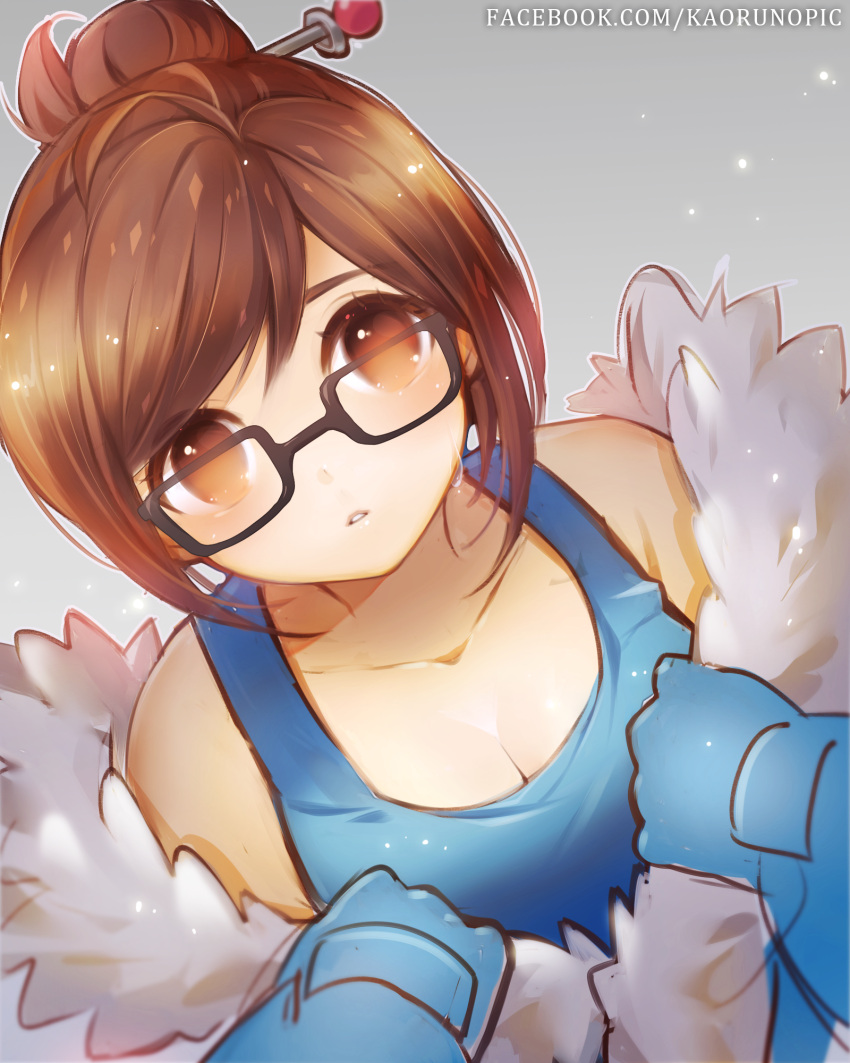 1girl atobesakunolove black-framed_eyewear blue_gloves blue_shirt breasts brown_eyes brown_hair cleavage coat collarbone commentary_request dutch_angle fur-trimmed_jacket fur_coat fur_trim glasses gloves grey_background hair_bun hair_ornament hair_stick highres jacket jacket_pull looking_at_viewer medium_breasts mei_(overwatch) off_shoulder overwatch portrait shirt sketch snowflake_hair_ornament solo tank_top watermark web_address winter_clothes winter_coat