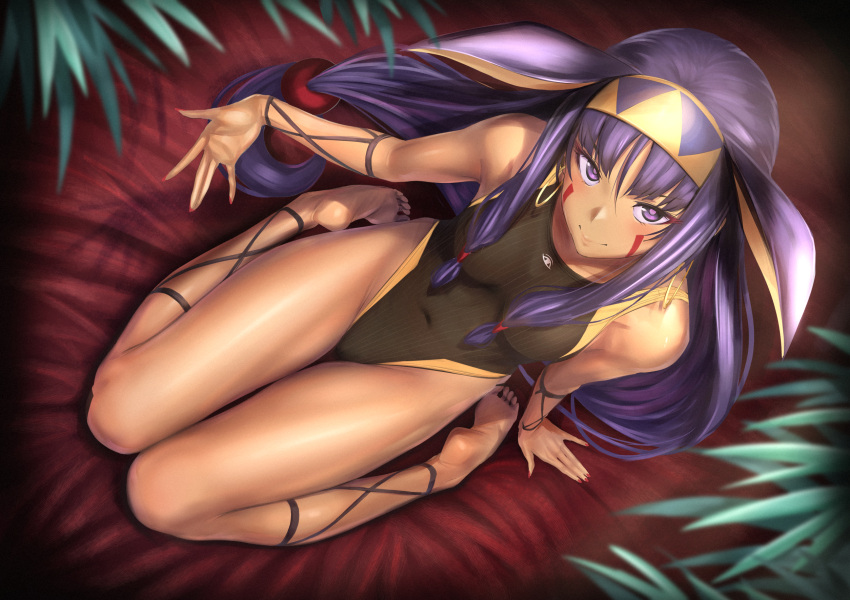 1girl animal_ears arm_at_side arm_support bangs bare_shoulders barefoot big_hair blunt_bangs breasts breasts_apart closed_mouth collarbone competition_swimsuit covered_navel dark_skin earrings egyptian eyebrows_visible_through_hair eyelashes facepaint facial_mark fake_animal_ears fate/grand_order fate_(series) fingernails from_above full_body hair_between_eyes hair_ornament hair_rings hair_tubes hairband hand_up highleg highleg_swimsuit highres hoop_earrings jewelry lace-up leaf long_fingernails long_hair looking_at_viewer looking_up low-tied_long_hair medium_breasts nail_polish nitocris_(fate/grand_order) one-piece_swimsuit plant purple_hair reclining red_nails sidelocks sitting skin_tight smile soles solo swimsuit thigh_gap toes toned ulrich_(tagaragakuin) very_long_hair violet_eyes wariza