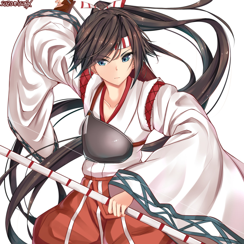 1girl artist_name black_hair blue_eyes cosplay gloves hachimaki headband high_ponytail highres houshou_(kantai_collection) japanese_clothes kantai_collection kimono long_hair long_sleeves muneate partly_fingerless_gloves red_shorts sazamiso_rx serious shorts simple_background solo white_background white_kimono wide_sleeves yugake zuihou_(kantai_collection) zuihou_(kantai_collection)_(cosplay)