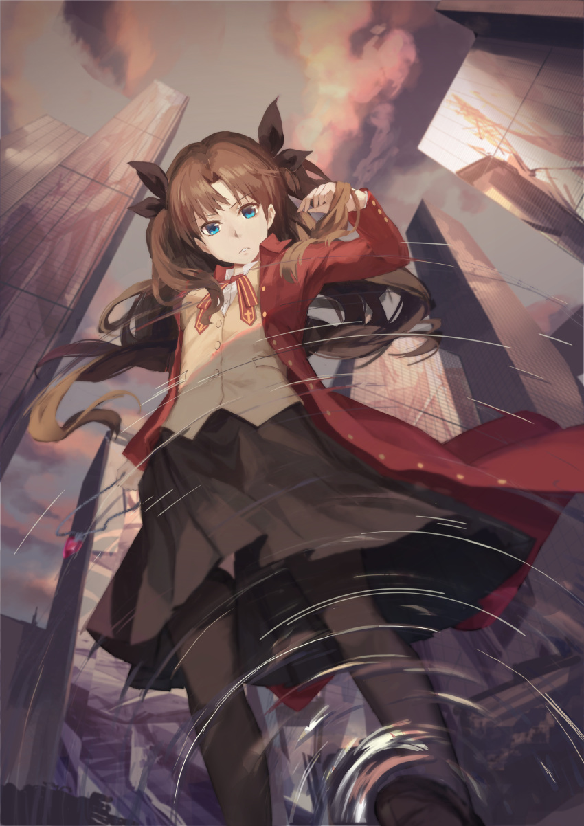 1girl absurdres alternate_legwear bangs black_hair black_legwear black_skirt blue_eyes building cityscape clouds cloudy_sky coat eyebrows_visible_through_hair fate/stay_night fate_(series) foreshortening from_below hair_ribbon hankon highres jewelry long_hair looking_at_viewer looking_down open_mouth parted_bangs parted_lips pendant pleated_skirt reflection ribbon ripples school_uniform skirt sky solo standing standing_on_liquid thigh-highs tohsaka_rin toosaka_rin two_side_up vest water