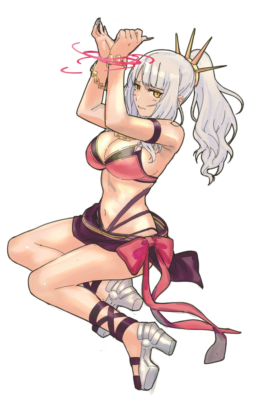 1girl absurdres armband armpits bangs bare_shoulders bikini blunt_bangs bound bound_wrists bow bracelet breasts carmilla_(fate/grand_order) cleavage fate/grand_order fate_(series) from_side frown full_body hair_ornament high_heels highres jewelry jitome large_breasts long_hair looking_at_viewer looking_to_the_side navel necklace ponytail red_bikini red_bow red_ribbon ribbon sarong shikuro_(masax1107) silver_hair simple_background sitting solo stomach summertime_mistress_(fate/grand_order) swimsuit white_background yellow_eyes yokozuwari