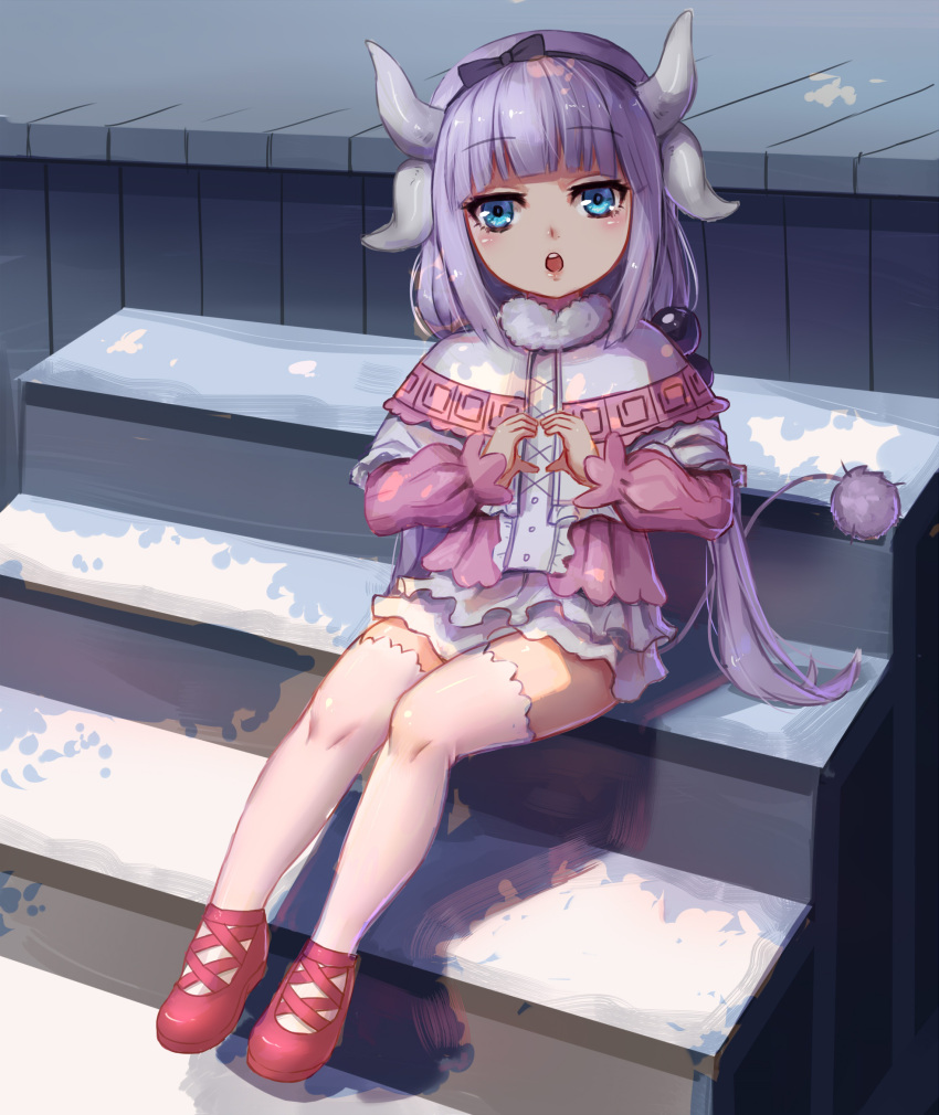 1girl bangs beads blue_eyes blunt_bangs capelet dragon_girl dragon_horns eyebrows_visible_through_hair frilled_capelet hair_beads hair_ornament highres horns kanna_kamui kobayashi-san_chi_no_maidragon lavender_hair looking_at_viewer low_twintails sitting solo tail thigh-highs twintails white_legwear zyl