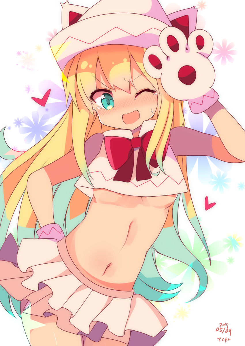 1girl absurdres animal_hat artist_name blonde_hair blue_eyes blush bow breasts cowboy_shot dated dress embarrassed floral_background gloves hair_between_eyes hand_on_hip hat heart highres lily_white long_hair looking_at_viewer midriff miniskirt navel one_eye_closed open_mouth paw_gloves paws pleated_skirt pose short_dress skirt sleeveless small_breasts smile solo sweatdrop te_toga tears touhou under_boob white_background