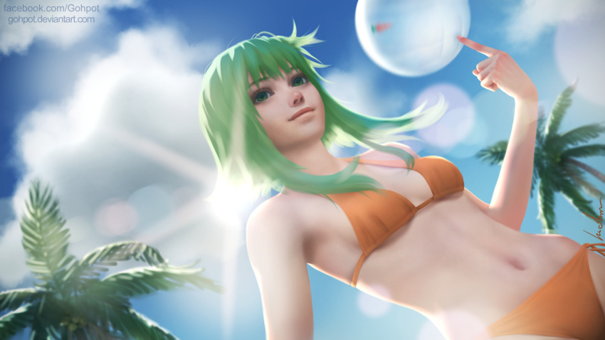 1girl balancing bare_arms bare_shoulders bikini blue_sky breasts closed_mouth clouds cloudy_sky day deviantart_username dutch_angle facebook_username from_below gohpot green_eyes green_hair gumi hand_up highres index_finger_raised lens_flare midriff navel orange_bikini outdoors palm_tree short_hair_with_long_locks side-tie_bikini side-tie_bottom sky small_breasts smile solo sun swimsuit tree vocaloid volleyball watermark web_address