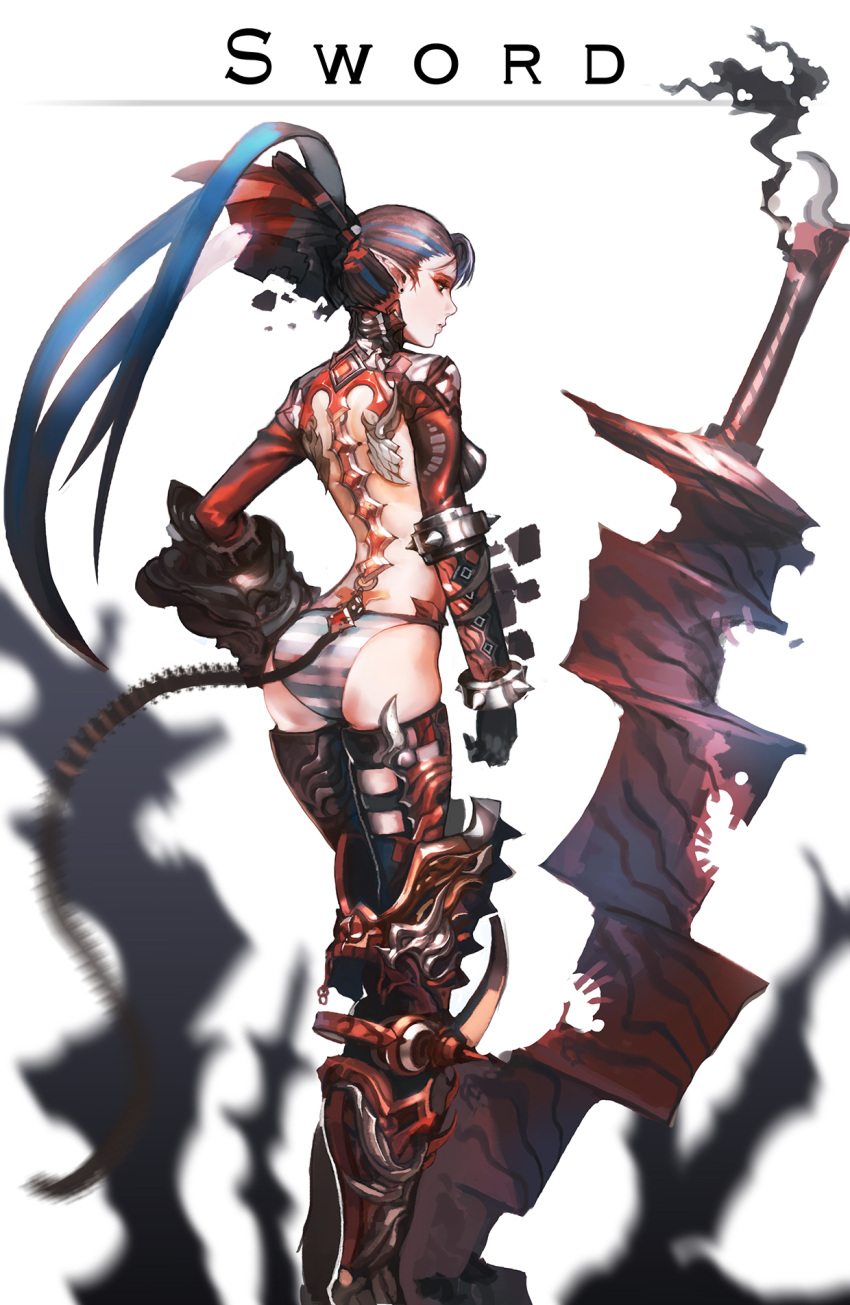 1girl armlet armor armored_boots ass blue_hair boots breasts brown_hair earrings from_behind gauntlets gradient_hair ha_tav hand_on_hip high_ponytail highres huge_weapon jewelry knee_pads legs_together multicolored_hair original panties parted_lips pointy_ears ponytail profile simple_background small_breasts solo spiked_armlet spikes streaked_hair striped striped_panties stud_earrings sword tail thigh-highs two-tone_hair underwear weapon white_background