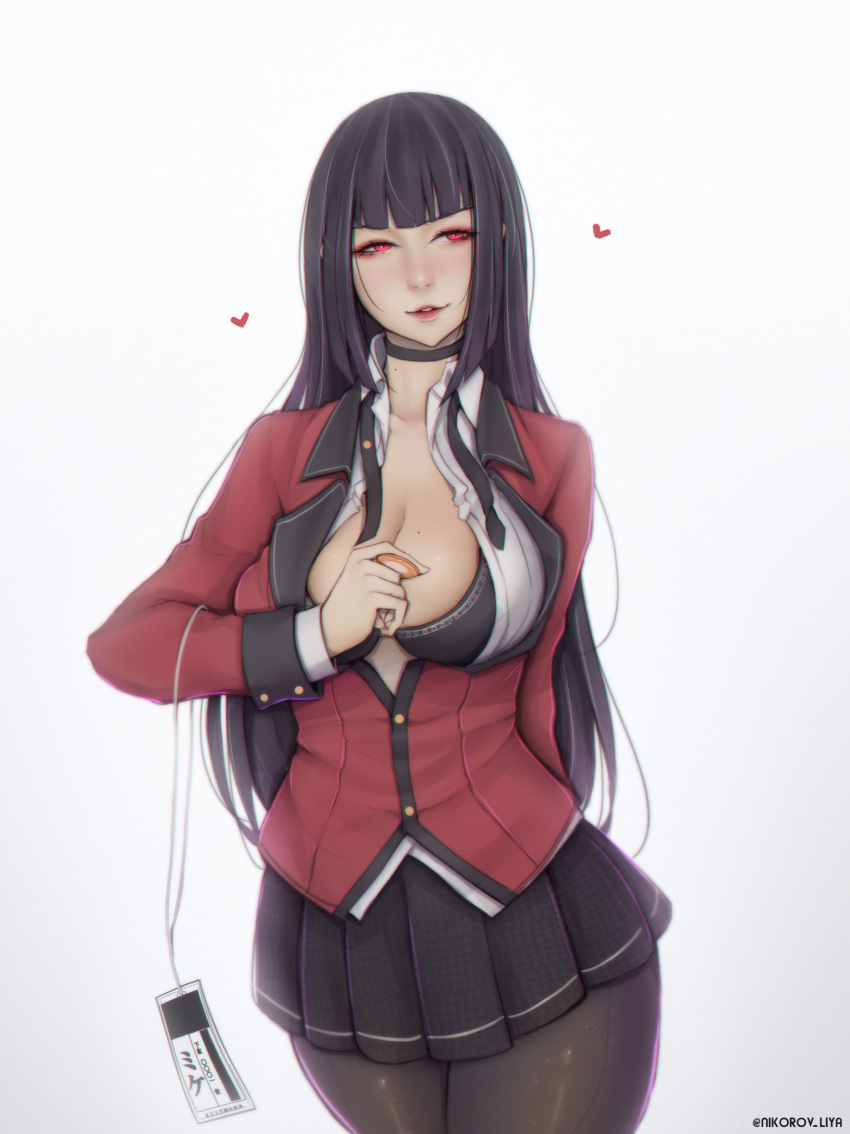 1girl absurdres badge bangs black_bra black_hair black_legwear black_skirt blunt_bangs bra breasts choker cleavage collared_shirt commentary english_commentary heart highres hime_cut holding jabami_yumeko jacket kakegurui large_breasts lips liya_nikorov long_hair long_sleeves looking_at_viewer looking_to_the_side loose_neckwear name_tag open_clothes open_shirt pantyhose parted_lips pleated_skirt poker_chip red_eyes red_jacket school_uniform shirt skirt solo unbuttoned underwear white_shirt