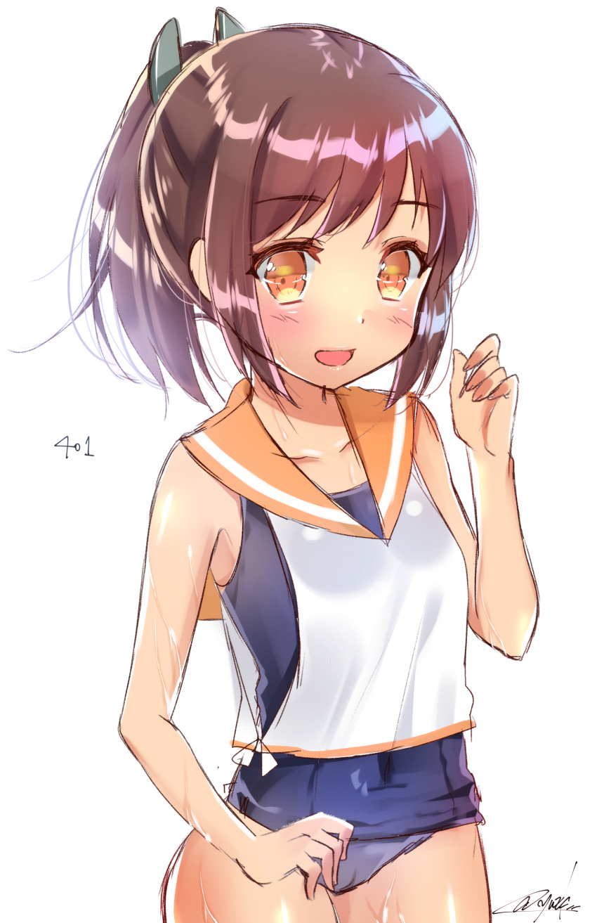 1girl :d absurdres brown_eyes brown_hair character_name eyebrows_visible_through_hair highres i-401_(kantai_collection) kantai_collection long_hair number open_mouth ponytail sailor_collar sailor_shirt school_swimsuit shirt signature simple_background sleeveless sleeveless_shirt smile solo swimsuit white_background yuu_zaki