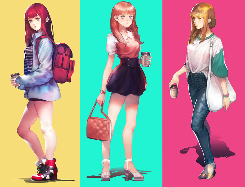 3girls aqua_background aqua_nails bag bangs belt blonde_hair blue_eyes bookbag bracelet coffee_cup denim ha_tav handbag high_heels jeans jewelry lips long_hair multiple_girls nail_polish original pants pink_background redhead shirt shoes sneakers striped striped_shirt toenail_polish watch white_shoes yellow_background yellow_eyes