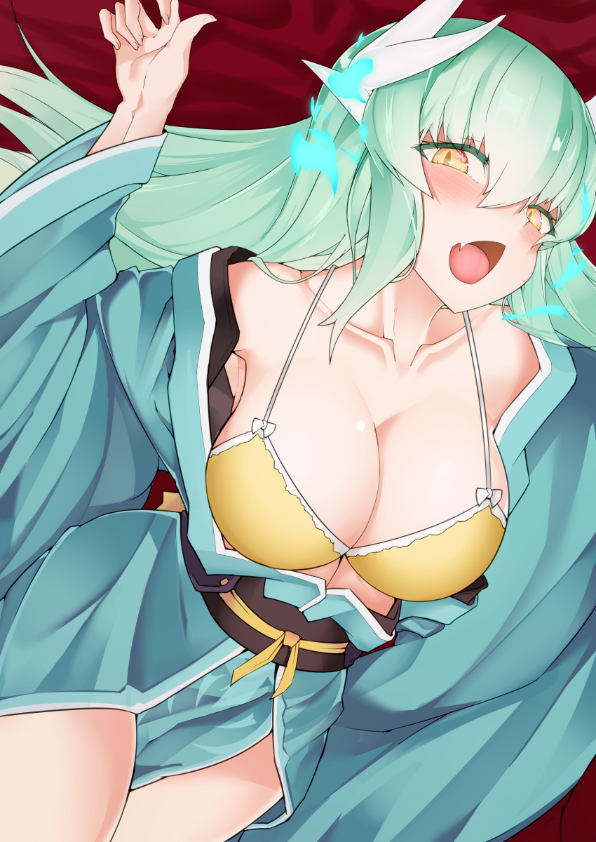 1girl :o absurdres aqua_hair arm_up armpits bare_shoulders bikini_top blue_fire blush breasts cleavage collarbone colored_eyelashes cowboy_shot dragon_horns dutch_angle fang fate/grand_order fate_(series) fire from_above gradient_hair hair_between_eyes highres horns japanese_clothes kimono kiyohime_(fate/grand_order) kiyohime_(swimsuit_lancer)_(fate) large_breasts long_hair long_sleeves looking_at_viewer looking_up matukurasouta multicolored_hair off_shoulder open_clothes open_kimono open_mouth red_background ribbon sash shiny shiny_skin standing thighs tsurime very_long_hair white_hair wide_sleeves yellow_bikini_top yellow_ribbon