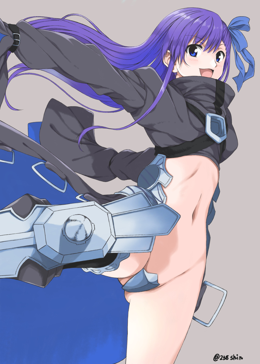 1girl :d absurdres amu_(258shin) armor armored_boots blue_eyes boots coat crotch_plate fate/extra fate/extra_ccc fate_(series) hair_ribbon highres long_hair long_sleeves meltlilith midriff navel open_mouth purple_hair revealing_clothes ribbon smile solo spikes very_long_hair