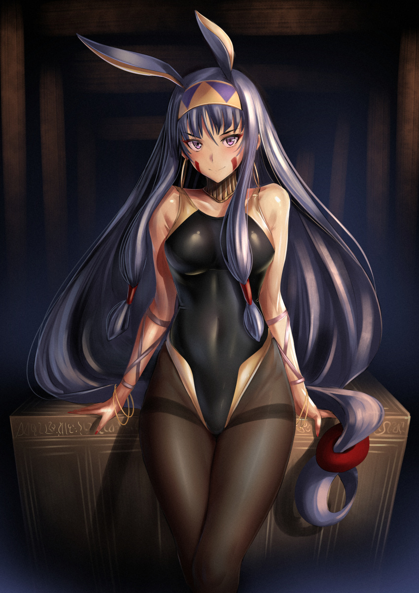 &gt;:) 1girl absurdres animal_ears arms_at_sides bangle bangs bare_shoulders black_swimsuit blush bracelet breasts brown_legwear closed_mouth collarbone commentary_request competition_swimsuit covered_navel dark_skin earrings facepaint fate/grand_order fate_(series) hairband highres hoop_earrings jewelry legs_together long_hair looking_at_viewer low-tied_long_hair medium_breasts nail_polish neck_ring nitocris_(fate/grand_order) one-piece_swimsuit pantyhose pantyhose_under_swimsuit purple_hair rabbit_ears red_nails solo standing swimsuit thighband_pantyhose tsurime ulrich_(tagaragakuin) very_long_hair violet_eyes