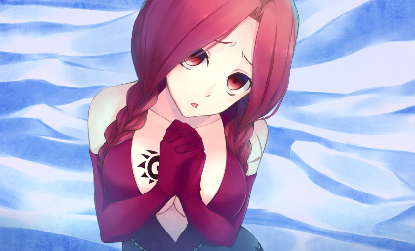 1girl braid breast_tattoo breasts cleavage cross_scar dress elbow_gloves fairy_tail flare_corona gloves hands_clasped head_tilt highres hiiragi_hekitsuki interlocked_fingers large_breasts long_hair looking_at_viewer open_mouth red_dress red_eyes red_gloves redhead side_braids solo tattoo twin_braids
