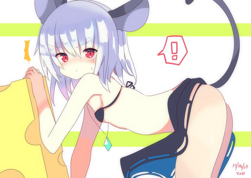 ! /\/\/\ 1girl absurdres all_fours animal_ears artist_name ass bare_shoulders black_bra blush bra cheese dated embarrassed flat_chest food hair_between_eyes highres jewelry looking_at_viewer midriff mouse_ears mouse_tail nazrin pendant red_eyes short_hair silver_hair skirt solo spoken_exclamation_mark surprised sweatdrop tail te_toga touhou underwear