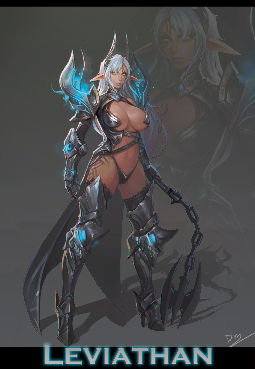 1girl armor axe battle_axe bikini_armor boots breasts cape cleavage energy gauntlets halterneck high_heels highres holding holding_weapon horn_ornament large_breasts long_hair navel original pointy_ears shadow shoulder_spikes silver_hair smjim1986 spikes thigh-highs thigh_boots under_boob warrior weapon yellow_eyes