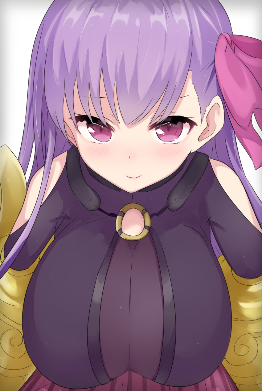 1girl absurdres bangs blush breasts cleavage closed_mouth fate/extra fate/extra_ccc fate_(series) grey_background hair_ribbon highres huge_breasts ichijou_(kr_neru0) light_smile long_hair looking_at_viewer o-ring_top passion_lip purple_hair purple_ribbon ribbon smile solo upper_body violet_eyes