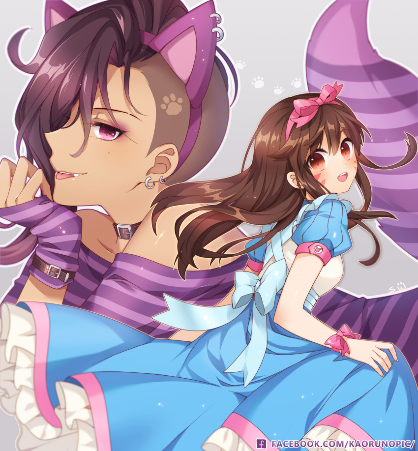 2girls alice_(wonderland) alice_(wonderland)_(cosplay) alice_in_wonderland alternate_costume animal_ears asymmetrical_hair atobesakunolove bare_shoulders blue_bow blue_dress blush bow breasts brown_hair cat_tail cheshire_cat cheshire_cat_(cosplay) choker collarbone commentary cosplay cuffs d.va_(overwatch) dark_skin dress earrings eyeshadow facepaint facial_mark fake_animal_ears fake_tail grey_background hair_bow headband highres horizontal-striped_shirt jewelry licking_lips lipstick long_hair looking_at_viewer looking_to_the_side makeup mole mole_under_eye multicolored_hair multiple_girls open_mouth overwatch paw_print pink_bow puffy_short_sleeves puffy_sleeves purple_hair purple_shirt shirt short_sleeves simple_background small_breasts smile sombra_(overwatch) tail tongue tongue_out two-tone_hair undercut upper_body violet_eyes watermark web_address whisker_markings