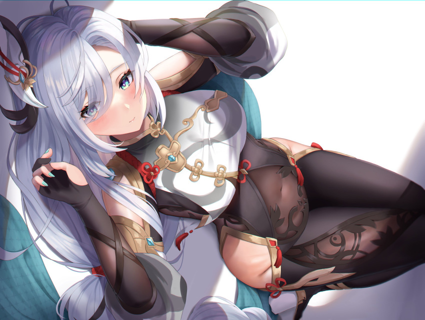 1girl aqua_nails blue_eyes blush braid braided_ponytail breasts bridal_gauntlets chinese_clothes closed_eyes closed_mouth covered_navel futon_fly_away genshin_impact gold_trim hair_ornament hair_over_one_eye hands_up highres hip_vent knees_up large_breasts long_bangs long_hair looking_at_viewer lying on_back shenhe_(genshin_impact) sideways silver_hair solo tassel very_long_hair