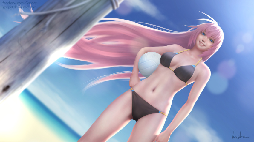 1girl ball bikini black_bikini blue_eyes blue_sky breasts clouds collarbone day deviantart_username dutch_angle facebook_username gohpot grin hand_on_hip highres holding holding_ball legs_apart lens_flare long_hair medium_breasts megurine_luka midriff navel nose ocean open_mouth pink_hair pink_lips pole signature sky smile solo standing swimsuit teeth very_long_hair vocaloid volleyball watermark web_address