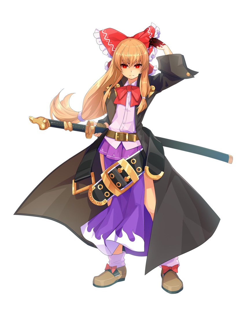 1girl arm_up bangs belt black_coat bow bowtie brown_hair brown_shoes buttons closed_mouth coat collared_shirt commentary_request cookie_(touhou) cosplay eyebrows_visible_through_hair full_body guilty_gear guilty_gear_xrd hair_between_eyes hair_bow highres holding holding_sword holding_weapon ibuki_suika johnny_(guilty_gear) johnny_(guilty_gear)_(cosplay) long_hair long_sleeves looking_at_viewer open_clothes open_coat pelvic_curtain pleated_skirt purple_skirt red_bow red_bowtie red_eyes sheath sheathed shirt shoe_bow shoes sidelocks skirt solo standing sword tarmo touhou transparent_background weapon white_shirt