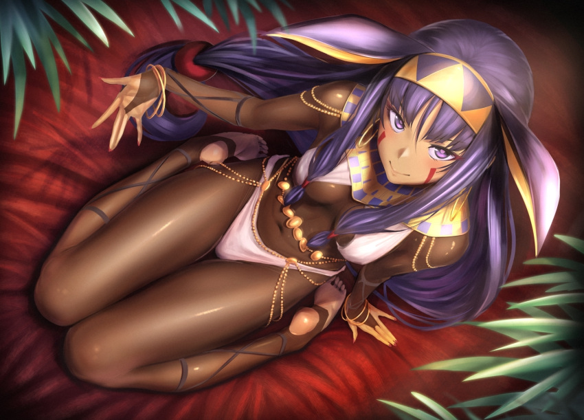 1girl animal_ears arm_at_side arm_support bangle bangs barefoot belly_chain big_hair blunt_bangs bodysuit bracelet breasts breasts_apart brown_bodysuit closed_mouth covered_navel dark_skin earrings egyptian egyptian_clothes eyebrows_visible_through_hair eyelashes facepaint facial_mark fake_animal_ears fate/grand_order fate_(series) fingernails from_above full_body gold hair_between_eyes hair_ornament hair_rings hair_tubes hairband hand_up hoop_earrings jewelry lace-up leaf long_fingernails long_hair looking_at_viewer looking_up low-tied_long_hair medium_breasts nail_polish nitocris_(fate/grand_order) panties plant purple_hair reclining red_nails see-through sidelocks sitting smile soles solo thigh_gap toeless_legwear toes toned ulrich_(tagaragakuin) underwear very_long_hair violet_eyes wariza white_panties